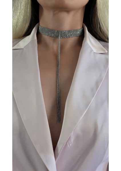 8 Sıralı Zincir Dokuma Sallantılı Vücut Tasma Choker Silver Gümüş Renk El Yapımı Kolye modelleri