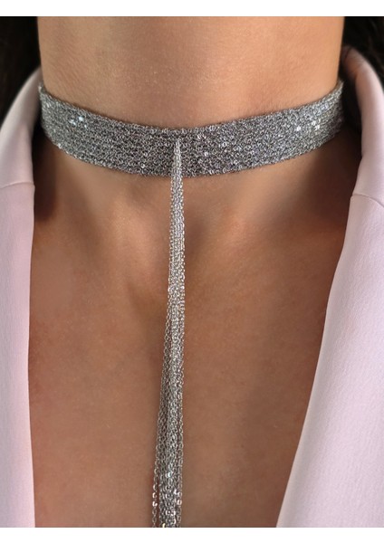 8 Sıralı Zincir Dokuma Sallantılı Vücut Tasma Choker Silver Gümüş Renk El Yapımı Kolye indirimleri