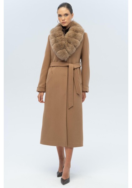 Çıkabilir Kürklü Belden Bağlamalı Uzun Kaşmir Kaban Kamel 3133-TK
