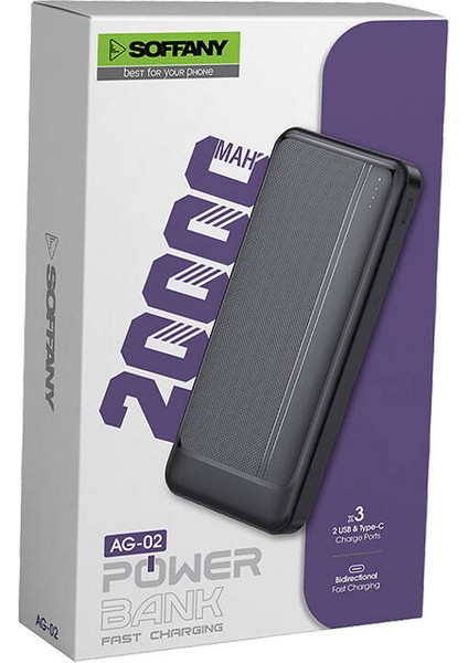 AG02-002 20.000 mAh P.Bank 2 Type-C + 1 USB Çıkışlı Siyah fırsatları
