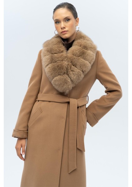Çıkabilir Kürklü Belden Bağlamalı Uzun Kaşmir Kaban Kamel 3133-TK fırsatları