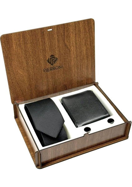 Siyah Desenli Kravat Kol Düğmesi Cüzdan Özel Ahşap Kutu Set