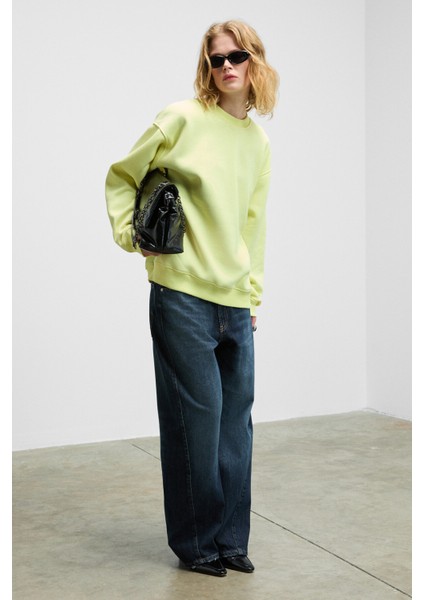 KARIUS Kadın Organik Pamuklu İçi Polarlı Oversize Yuvarlak Yakalı Sarı Sweatshirt fırsatları