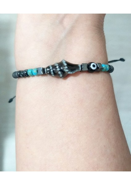 Seramik Deniz Kabuğu Hematit Nazar ve Miyuki Round Boncuklu Unisex Bileklik