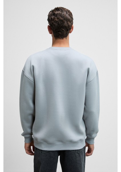 Ernest Erkek Organik Pamuklu Yumuşacık Baskı Detaylı Bisiklet Yaka İçi Polarlı Açık Gri Sweatshirt
