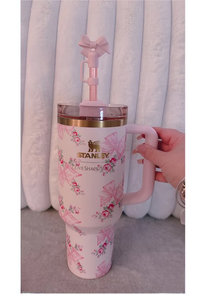 Loveshackfancy Desenli 1.18L Termos Bardak – Pembe, Pipetli (Quencher H2.0)