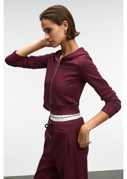 COSIMA Kadın Metal Fermuarlı Kapüşonlu Crop Bordo Sweatshirt