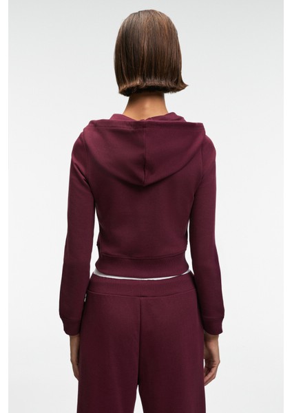 COSIMA Kadın Metal Fermuarlı Kapüşonlu Crop Bordo Sweatshirt