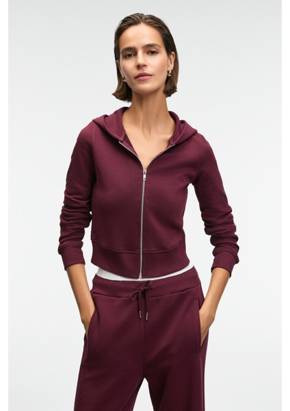 COSIMA Kadın Metal Fermuarlı Kapüşonlu Crop Bordo Sweatshirt fırsatları