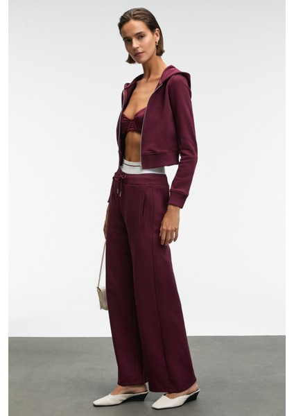 COSIMA Kadın Metal Fermuarlı Kapüşonlu Crop Bordo Sweatshirt indirimleri