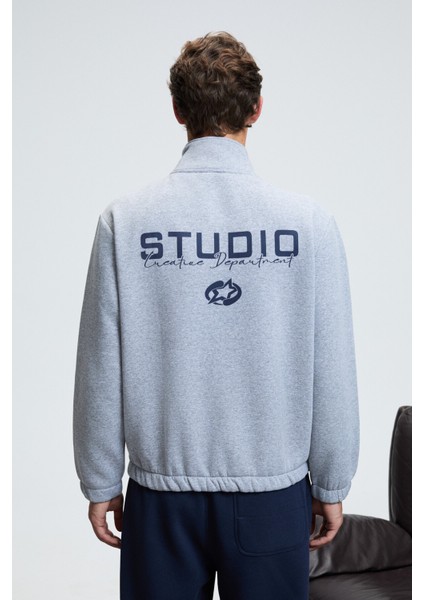 MERRICK Erkek Sırt Baskılı Cebi Nakışlı Yarım Fermuarlı Kolu Lastikli Dik Yaka Regular Fit Grimelanj