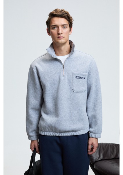 MERRICK Erkek Sırt Baskılı Cebi Nakışlı Yarım Fermuarlı Kolu Lastikli Dik Yaka Regular Fit Grimelanj modelleri