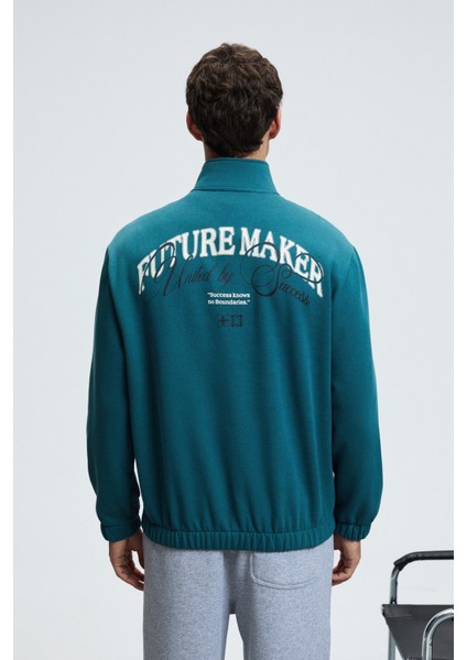 MERRICK Erkek Sırt Baskılı Cebi Nakışlı Yarım Fermuarlı Kolu Lastikli Dik Yaka Regular Fit Yeşil Swe