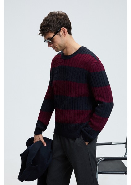 BRAID Erkek Yuvarlak Yaka Saç Örgü Desenli Regular Fit Bordo - Lacivert Kazak modelleri