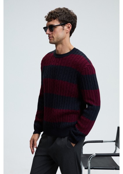 BRAID Erkek Yuvarlak Yaka Saç Örgü Desenli Regular Fit Bordo - Lacivert Kazak fırsatları