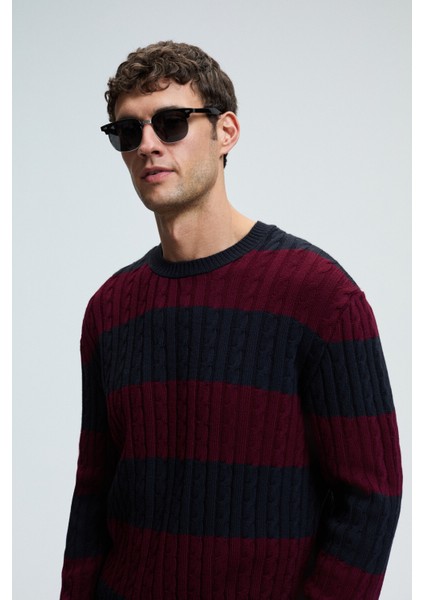 BRAID Erkek Yuvarlak Yaka Saç Örgü Desenli Regular Fit Bordo - Lacivert Kazak indirimleri