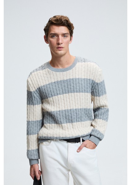 BRAID Erkek Yuvarlak Yaka Saç Örgü Desenli Regular Fit Grimelanj - Bej Kazak