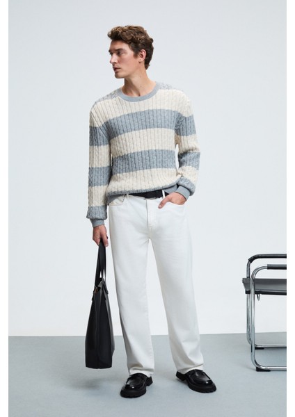 BRAID Erkek Yuvarlak Yaka Saç Örgü Desenli Regular Fit Grimelanj - Bej Kazak fiyatları