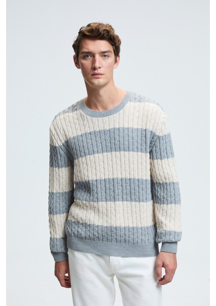 BRAID Erkek Yuvarlak Yaka Saç Örgü Desenli Regular Fit Grimelanj - Bej Kazak