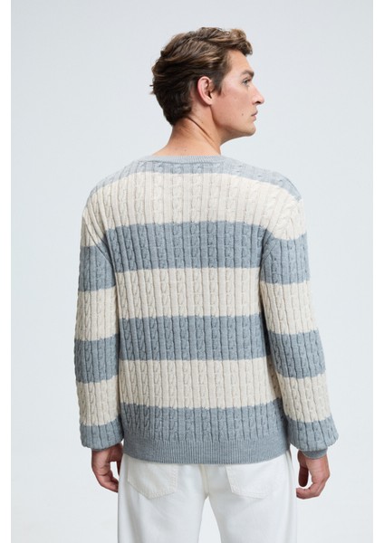 BRAID Erkek Yuvarlak Yaka Saç Örgü Desenli Regular Fit Grimelanj - Bej Kazak