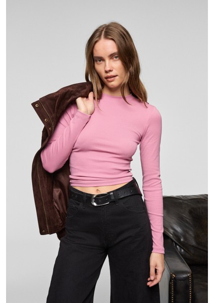 GRIGROS Kadın Esnek Kumaşlı Vücuda Oturan Slim Fit Uzun Kollu Lila T-Shirt