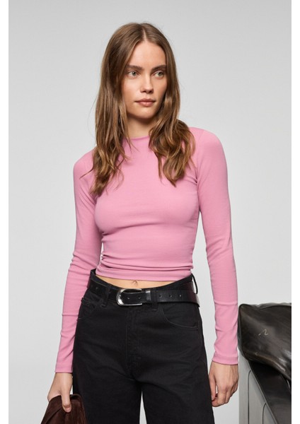 GRIGROS Kadın Esnek Kumaşlı Vücuda Oturan Slim Fit Uzun Kollu Lila T-Shirt modelleri