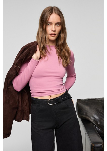 GRIGROS Kadın Esnek Kumaşlı Vücuda Oturan Slim Fit Uzun Kollu Lila T-Shirt fırsatları