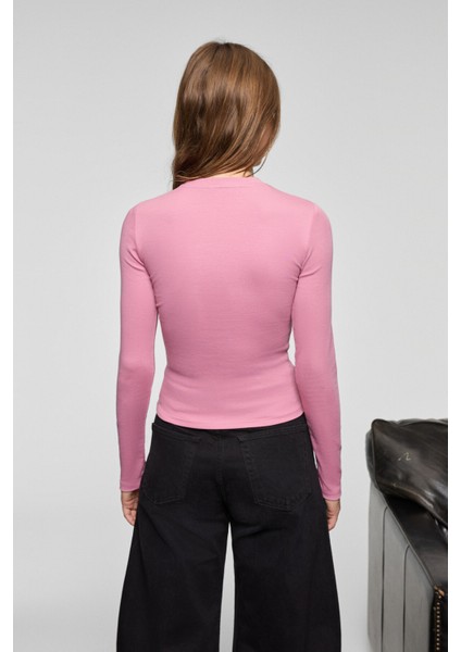 GRIGROS Kadın Esnek Kumaşlı Vücuda Oturan Slim Fit Uzun Kollu Lila T-Shirt