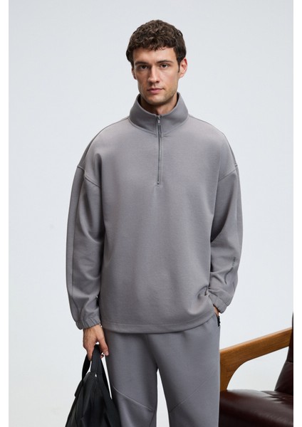 EDISON Erkek Yarım Fermuarlı Kolu Baskılı Dik Yaka Koyu Gri Sweatshirt