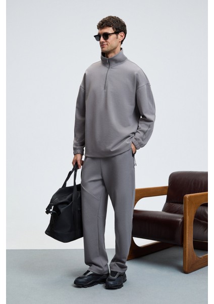EDISON Erkek Yarım Fermuarlı Kolu Baskılı Dik Yaka Koyu Gri Sweatshirt fiyatları