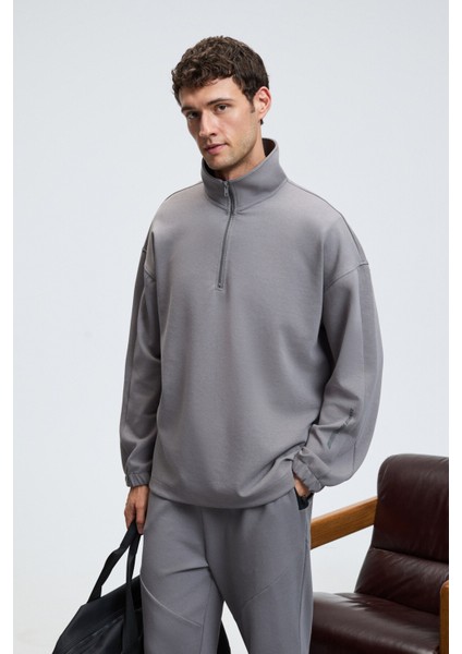 EDISON Erkek Yarım Fermuarlı Kolu Baskılı Dik Yaka Koyu Gri Sweatshirt modelleri