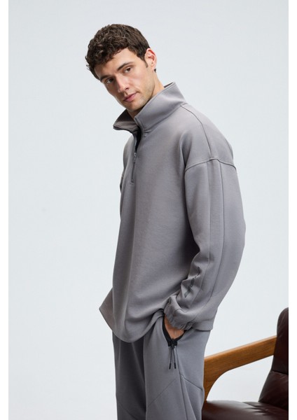 EDISON Erkek Yarım Fermuarlı Kolu Baskılı Dik Yaka Koyu Gri Sweatshirt fırsatları