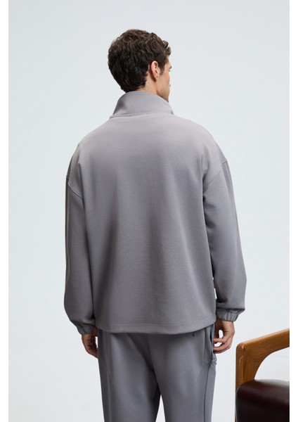 EDISON Erkek Yarım Fermuarlı Kolu Baskılı Dik Yaka Koyu Gri Sweatshirt