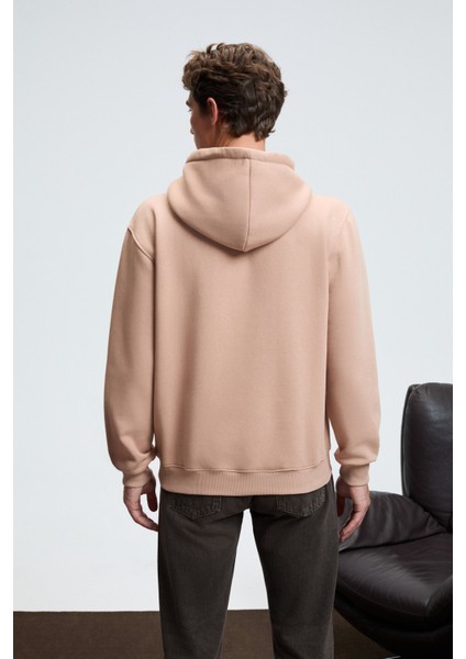 LELAND Erkek Kapüşonlu Kanguru Cepli Önü Baskılı Regular Fit Vizon Sweatshirt