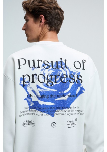 ALDEN Erkek Yuvarlak Yaka Göğsü Ve Sırtı Baskılı Relaxed Fit Beyaz Sweatshirt