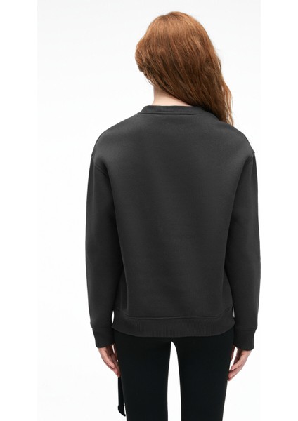 ISOLUNE Kadın Yaka Nakış Detaylı Oversize Bisiklet Yaka Antrasit Sweatshirt