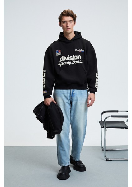 ABISMO Erkek Kapüşonlu Kanguru Cepli Kolları ve Sırtı Baskılı Relaxed Fit Siyah Sweatshirt fiyatları