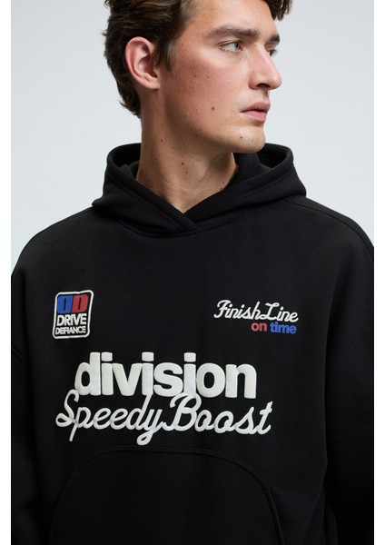 ABISMO Erkek Kapüşonlu Kanguru Cepli Kolları ve Sırtı Baskılı Relaxed Fit Siyah Sweatshirt