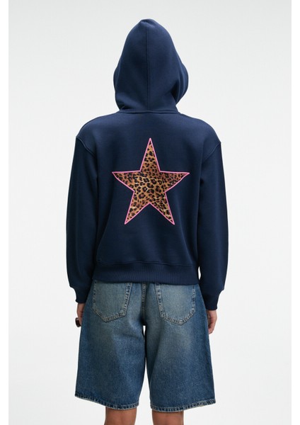 YUMEA Kadın Oversize Kapüşonlu Baskılı Lacivert Sweatshirt