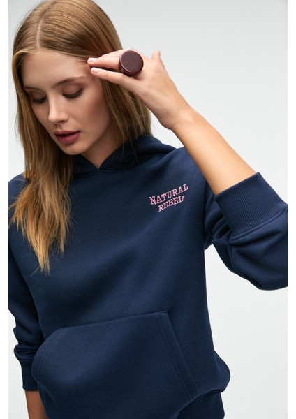 YUMEA Kadın Oversize Kapüşonlu Baskılı Lacivert Sweatshirt fiyatları