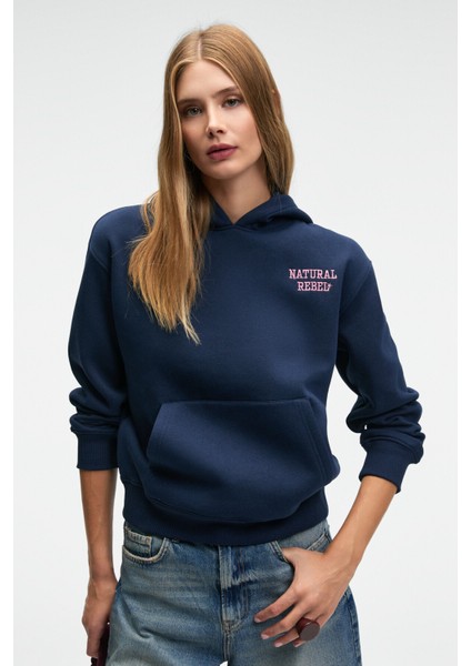 YUMEA Kadın Oversize Kapüşonlu Baskılı Lacivert Sweatshirt modelleri