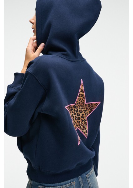 YUMEA Kadın Oversize Kapüşonlu Baskılı Lacivert Sweatshirt fırsatları