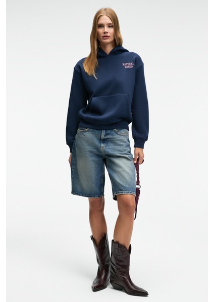 YUMEA Kadın Oversize Kapüşonlu Baskılı Lacivert Sweatshirt indirimleri