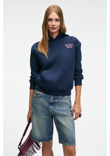 YUMEA Kadın Oversize Kapüşonlu Baskılı Lacivert Sweatshirt