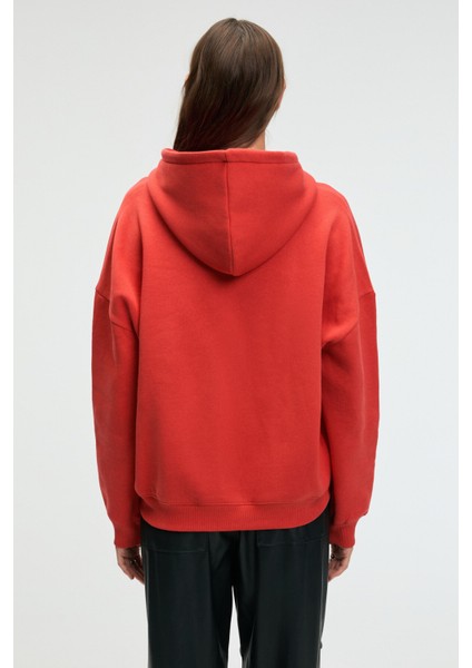 CLARIE Kadın Organik Pamuklu Oversize Kanguru Cepli Kapüşonlu Kırmızı Sweatshirt