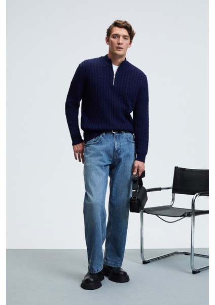 IVAR Erkek Yarım Fermuarlı Dik Yakalı Saç Örgü Desenli Triko Lacivert Kazak fiyatları