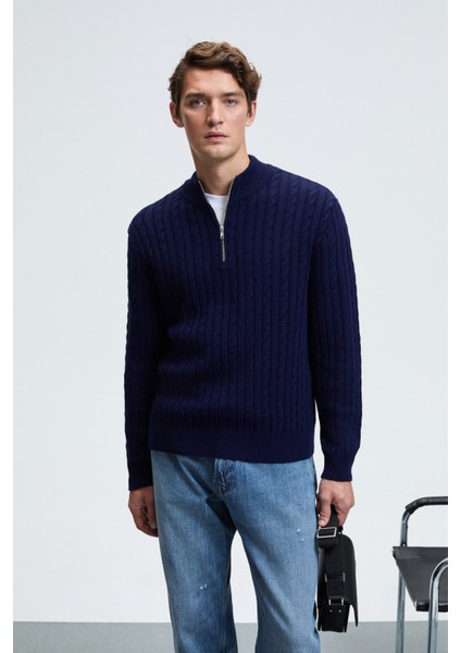 IVAR Erkek Yarım Fermuarlı Dik Yakalı Saç Örgü Desenli Triko Lacivert Kazak modelleri