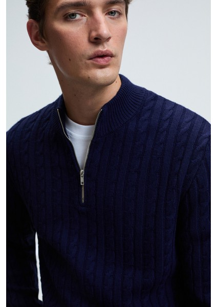 IVAR Erkek Yarım Fermuarlı Dik Yakalı Saç Örgü Desenli Triko Lacivert Kazak fırsatları