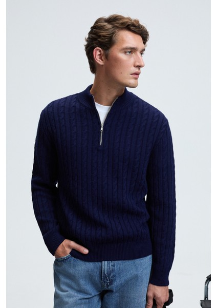 IVAR Erkek Yarım Fermuarlı Dik Yakalı Saç Örgü Desenli Triko Lacivert Kazak indirimleri