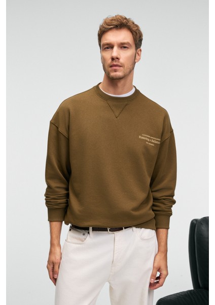 CASPIAN Erkek %100 Pamuk Bisiklet Yaka Karyoka Dikişli Baskılı Haki Sweatshirt fırsatları